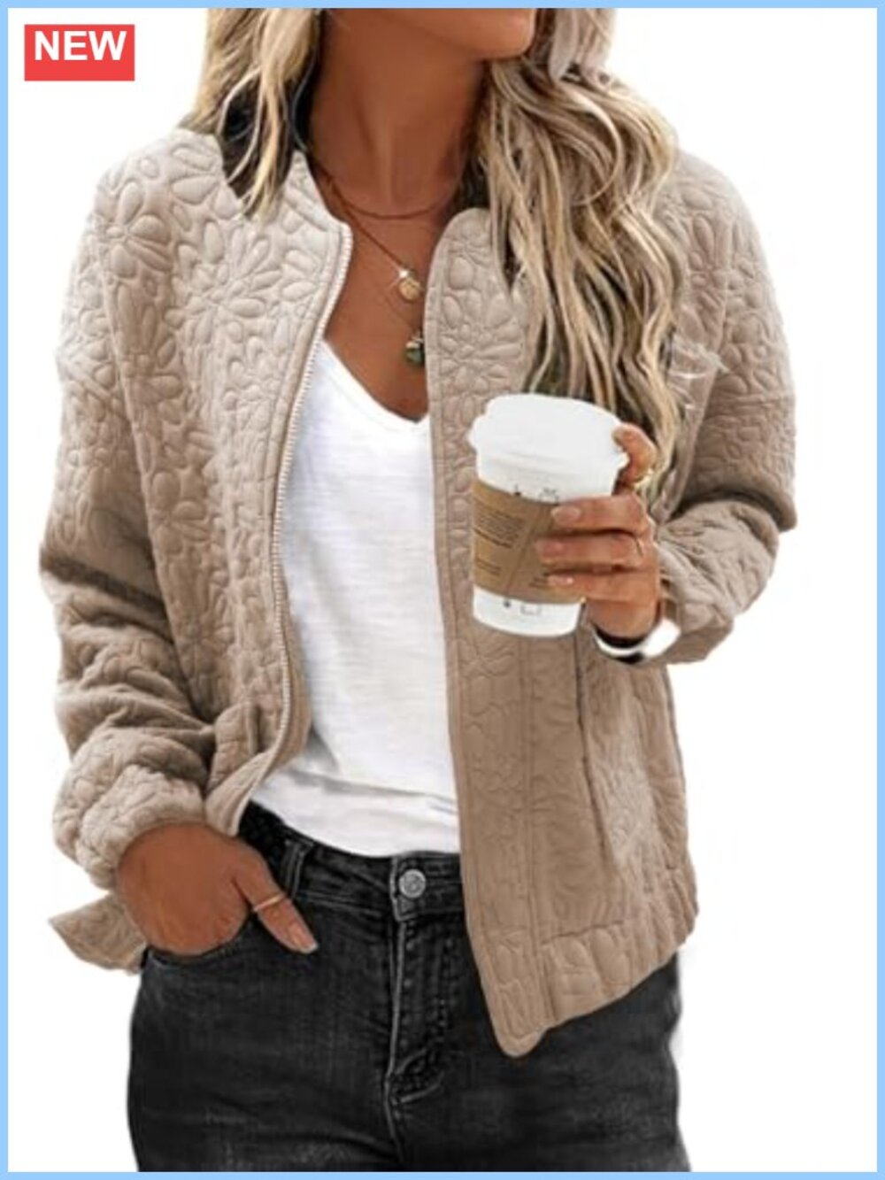 Women's Jacquard Bomber Jacket Zip Up Utility Pockets Long Sleeve